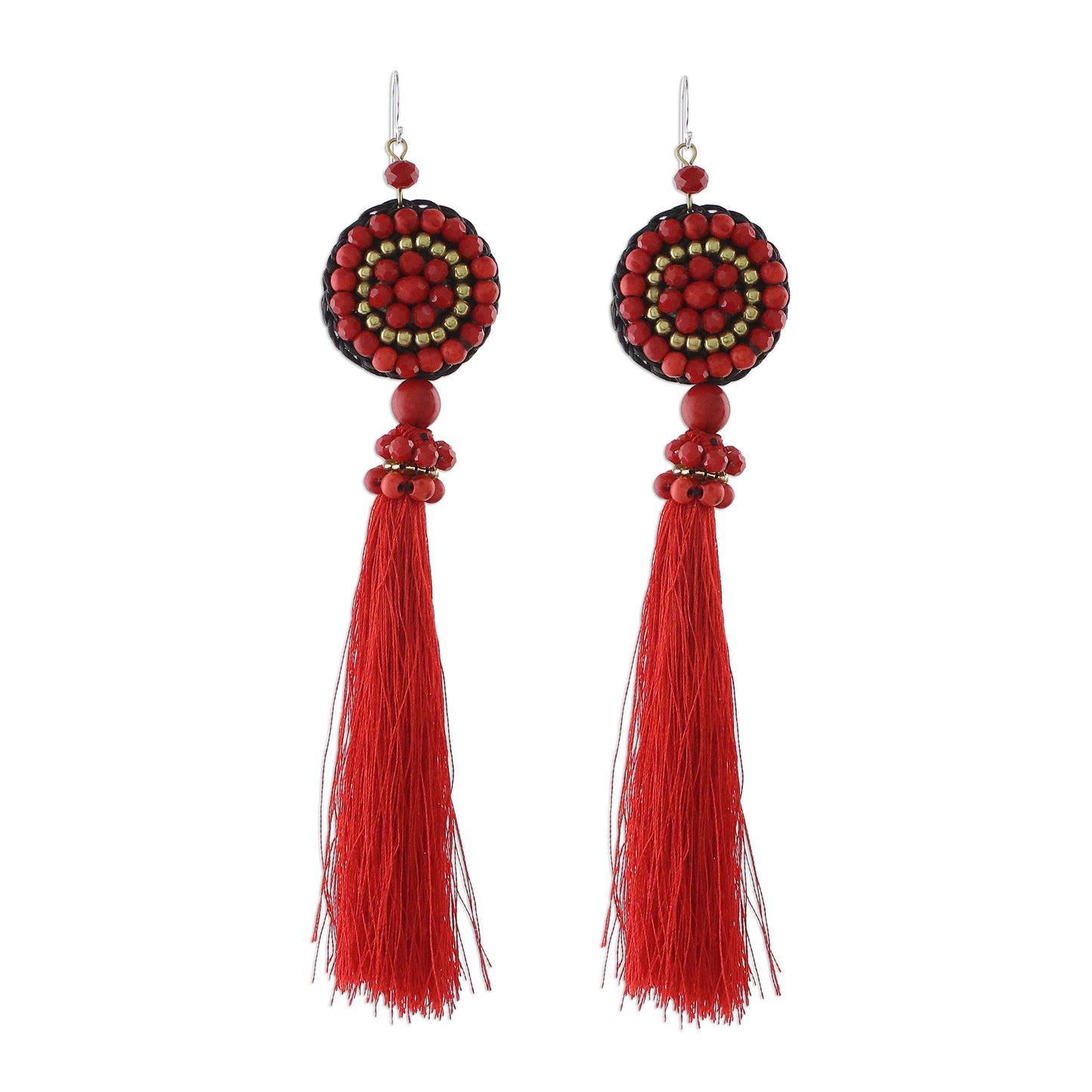 Dance With Me in Red Long Tassel Red Calcite and Glass Bead Dangle Earrings