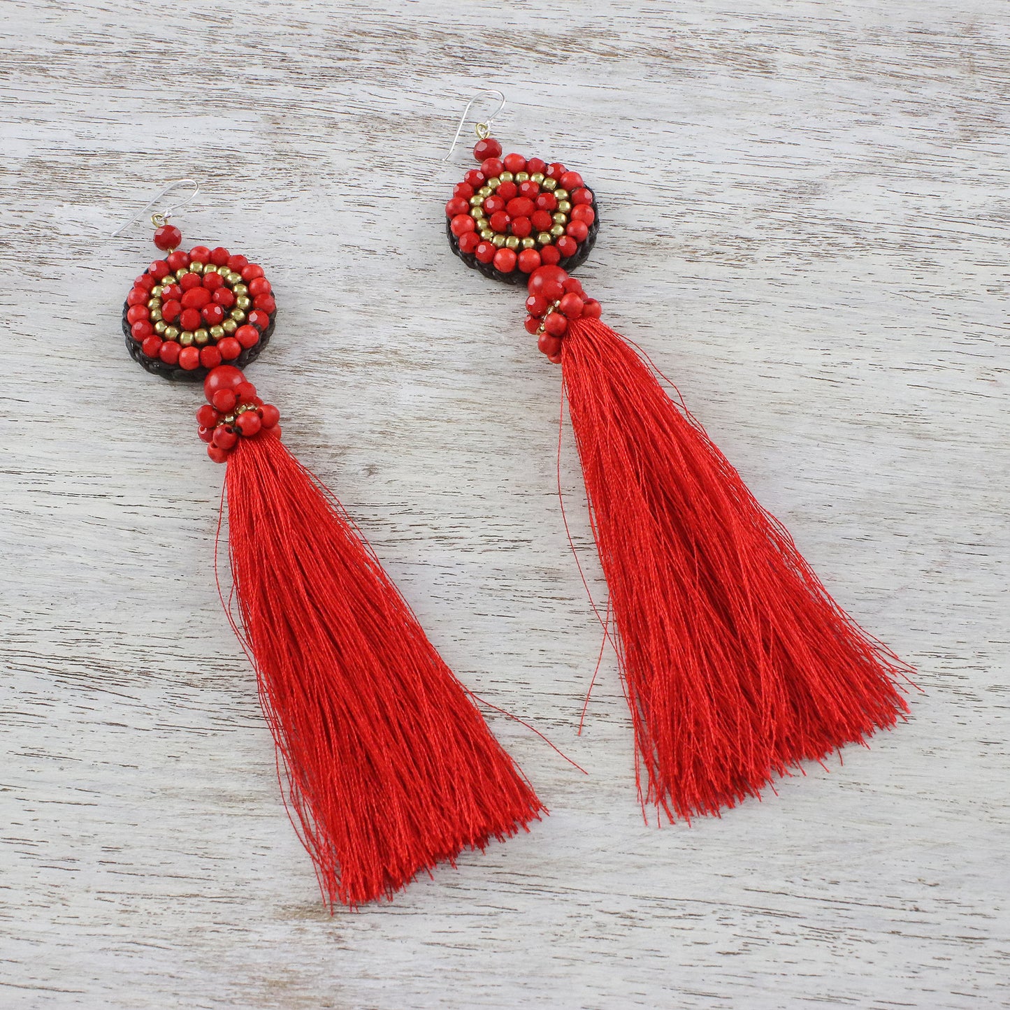 Dance With Me in Red Long Tassel Red Calcite and Glass Bead Dangle Earrings