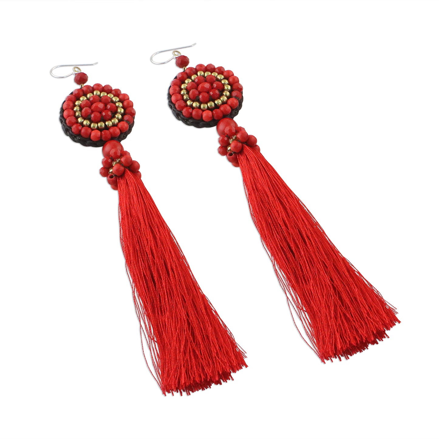 Dance With Me in Red Long Tassel Red Calcite and Glass Bead Dangle Earrings