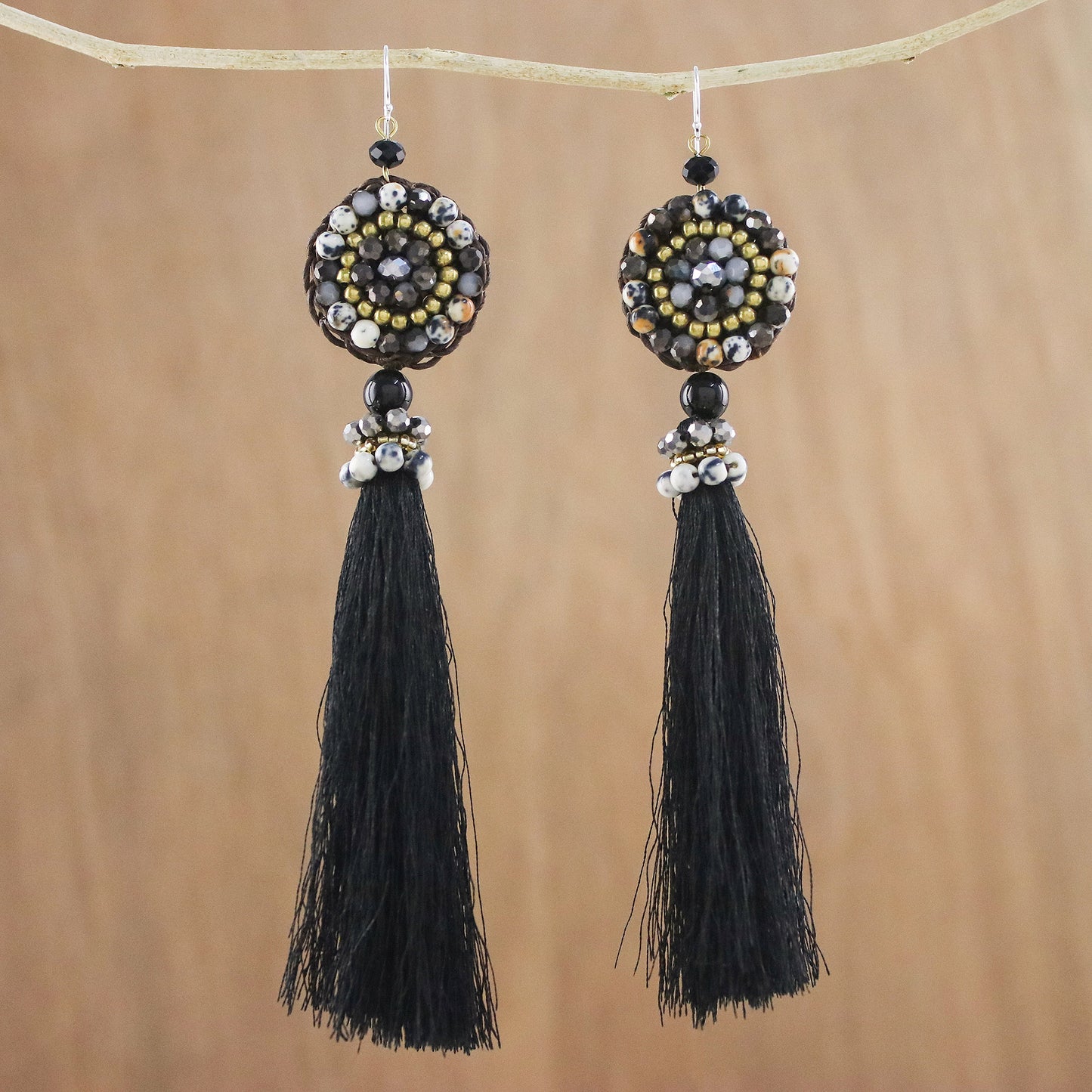 Dance With Me in Black Long Tassel Black Calcite and Glass Bead Dangle Earrings