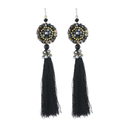 Dance With Me in Black Long Tassel Black Calcite and Glass Bead Dangle Earrings