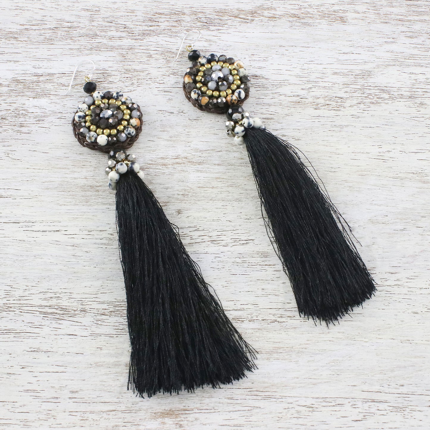 Dance With Me in Black Long Tassel Black Calcite and Glass Bead Dangle Earrings