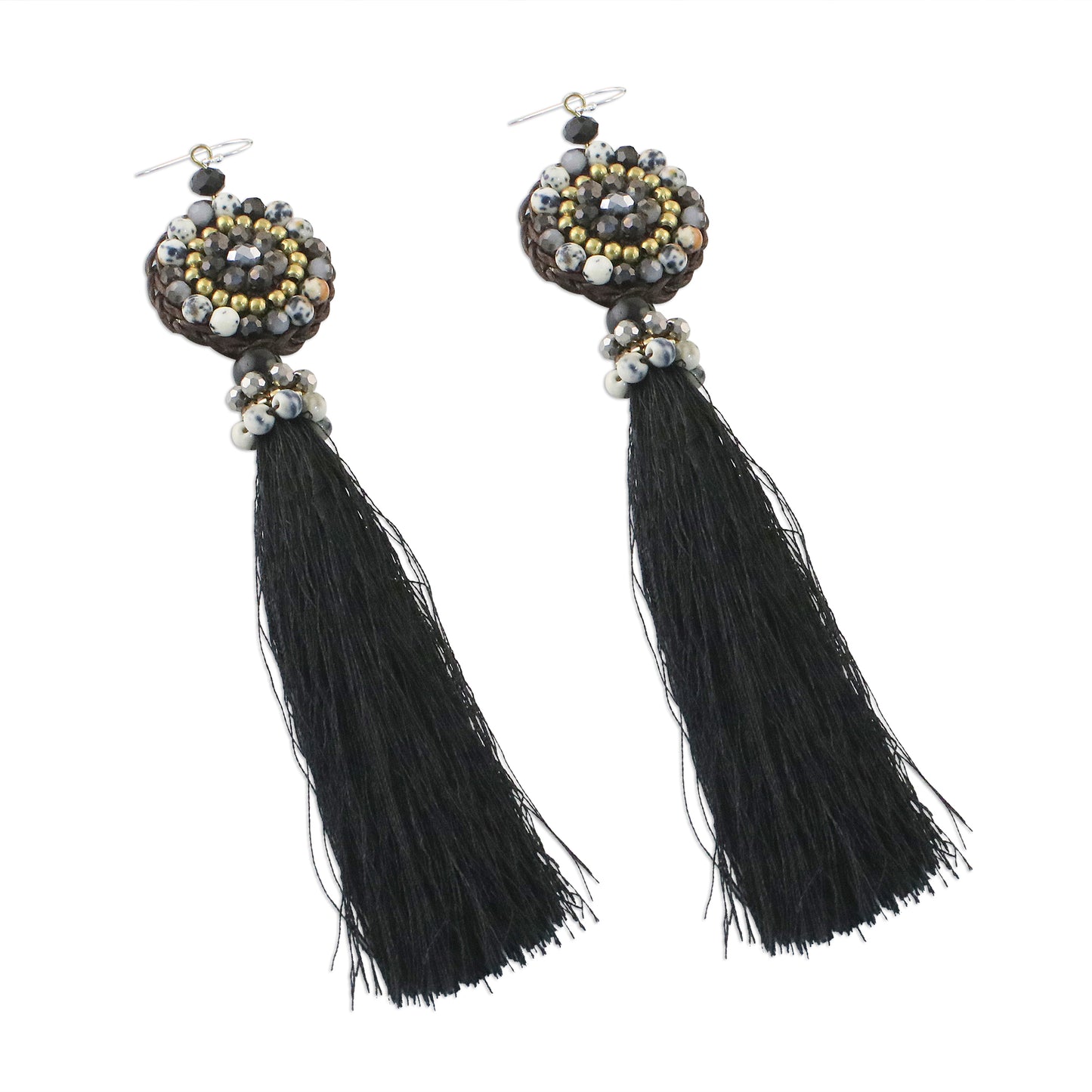 Dance With Me in Black Long Tassel Black Calcite and Glass Bead Dangle Earrings