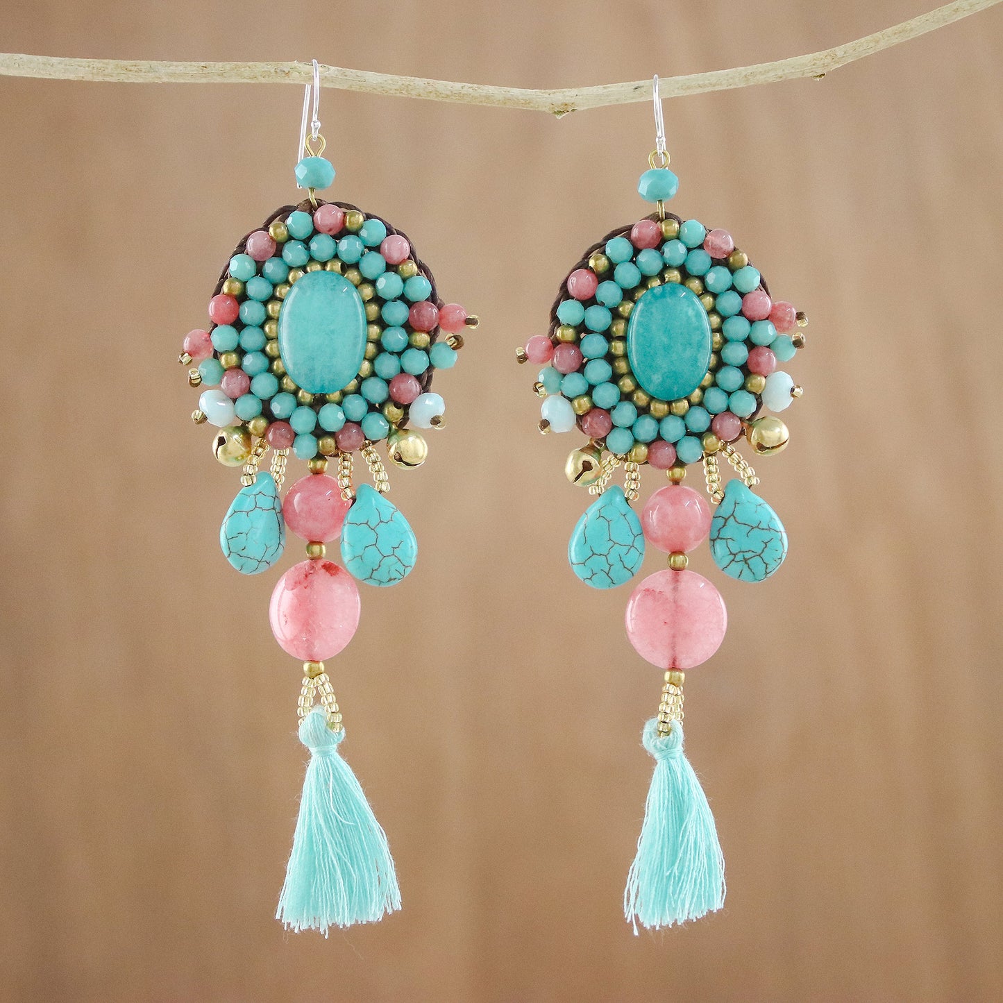 Ballroom Chic in Aqua Pink Quartz Blue Calcite Beaded Oval Tassel Dangle Earrings