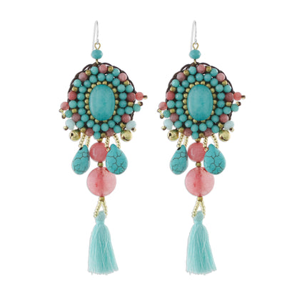 Ballroom Chic in Aqua Pink Quartz Blue Calcite Beaded Oval Tassel Dangle Earrings