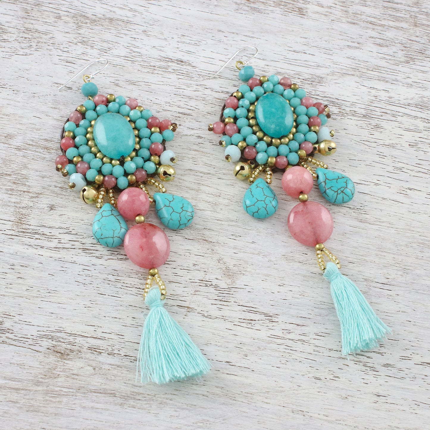 Ballroom Chic in Aqua Pink Quartz Blue Calcite Beaded Oval Tassel Dangle Earrings