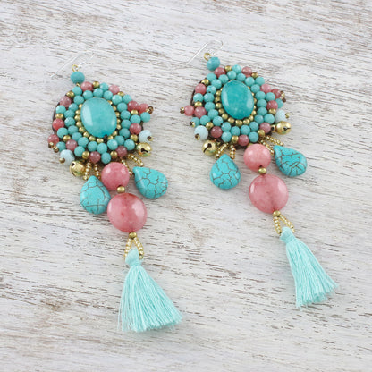 Ballroom Chic in Aqua Pink Quartz Blue Calcite Beaded Oval Tassel Dangle Earrings