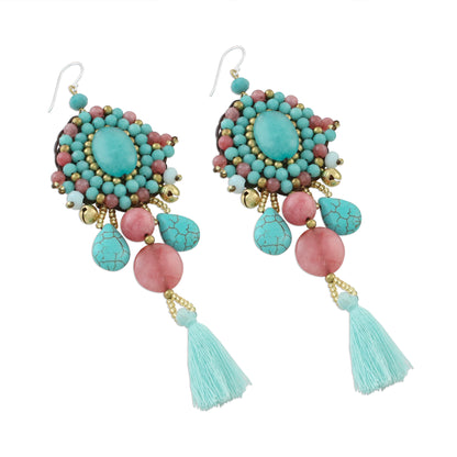 Ballroom Chic in Aqua Pink Quartz Blue Calcite Beaded Oval Tassel Dangle Earrings