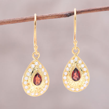 Dazzling Fire Garnet Gold Plated Sterling Silver Teardrop Dangle Earrings