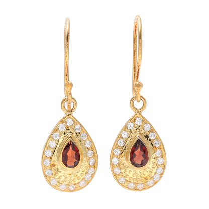 Dazzling Fire Garnet Gold Plated Sterling Silver Teardrop Dangle Earrings