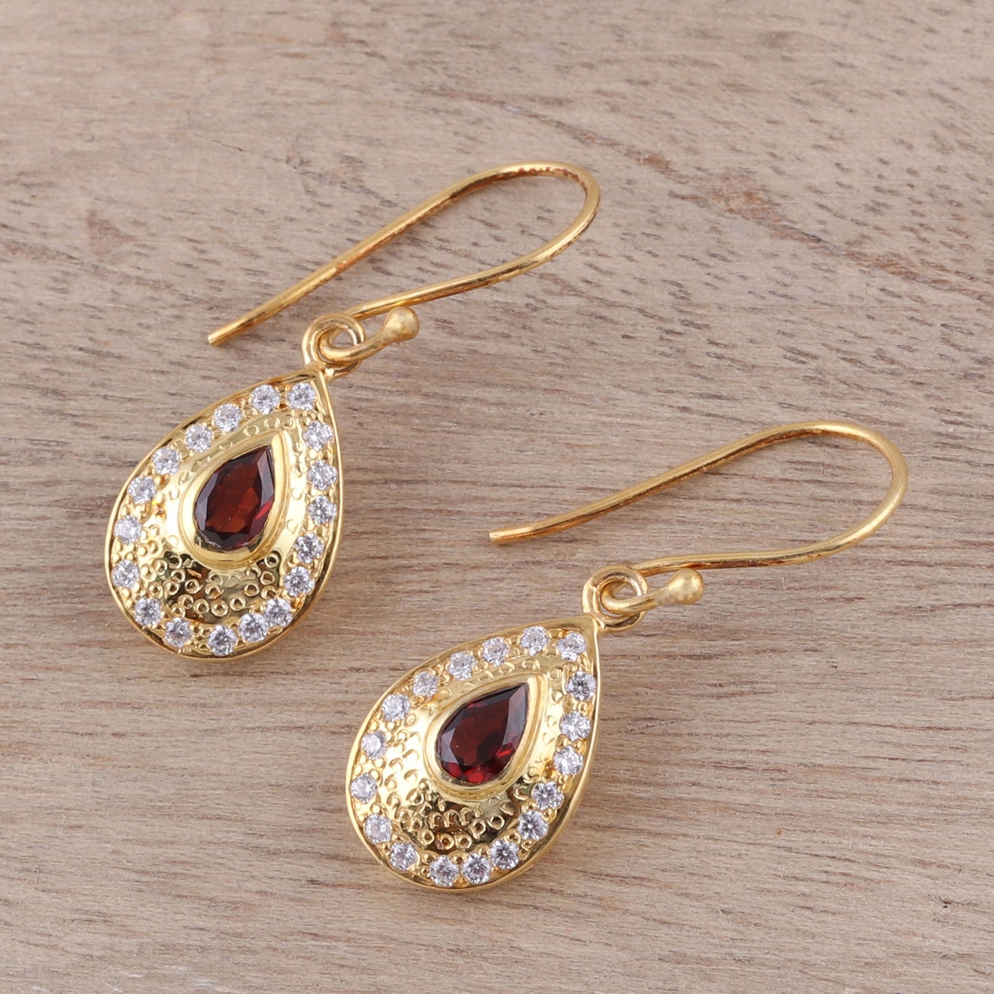 Dazzling Fire Garnet Gold Plated Sterling Silver Teardrop Dangle Earrings