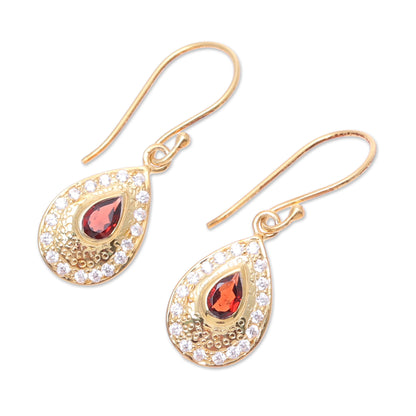 Dazzling Fire Garnet Gold Plated Sterling Silver Teardrop Dangle Earrings