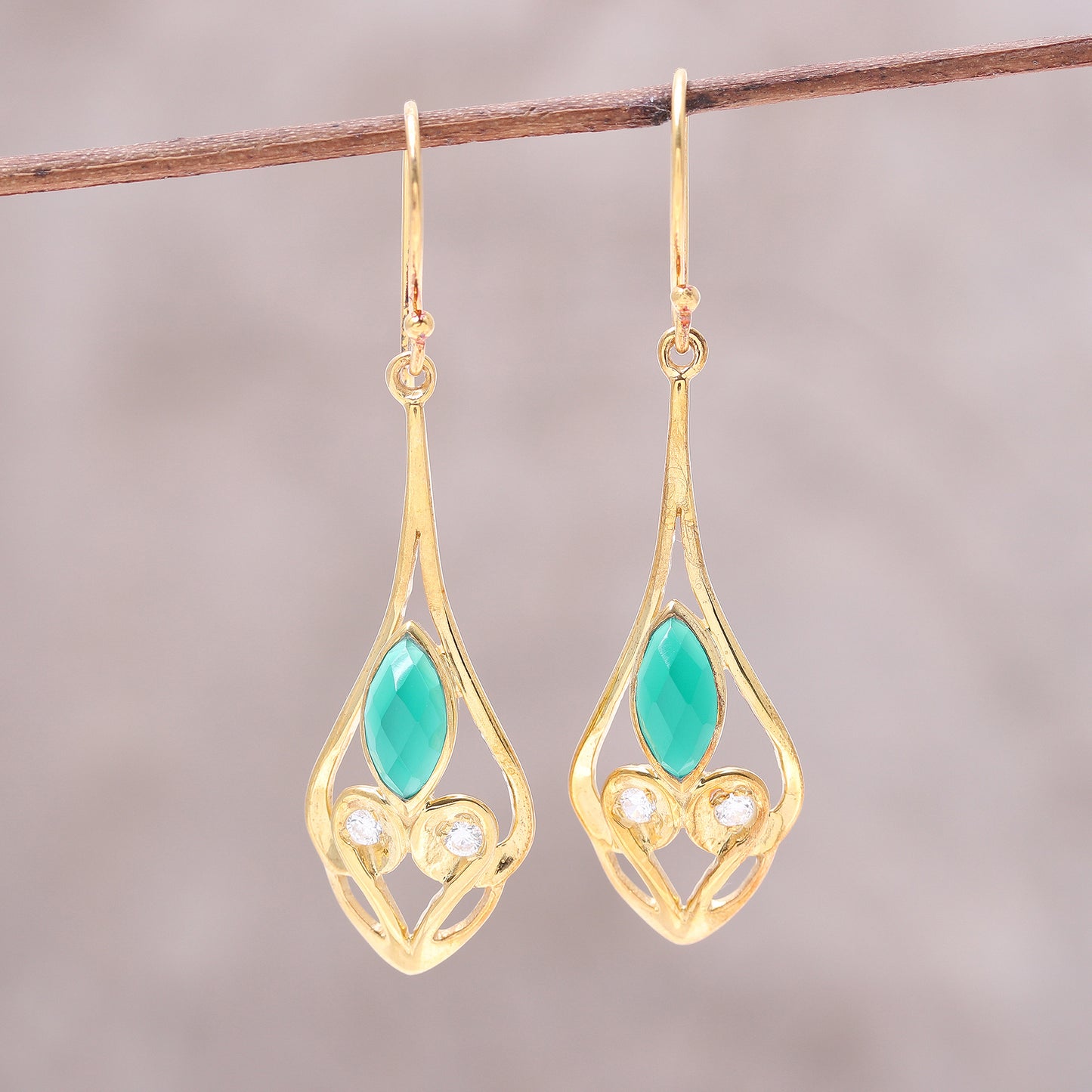 Bejeweled Rain Drops Gold Plated Green Onyx and Cubic Zirconia Dangle Earrings