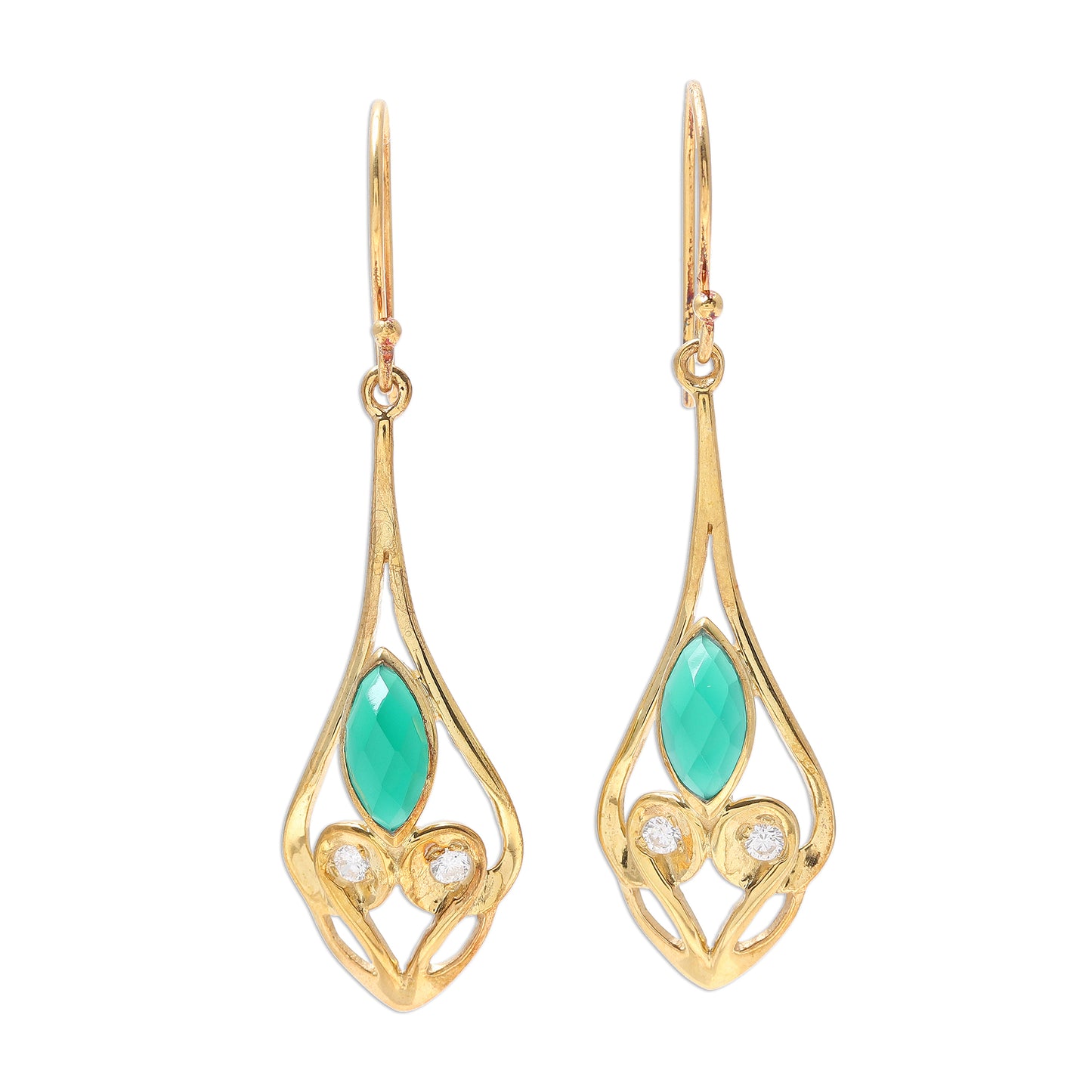 Bejeweled Rain Drops Gold Plated Green Onyx and Cubic Zirconia Dangle Earrings