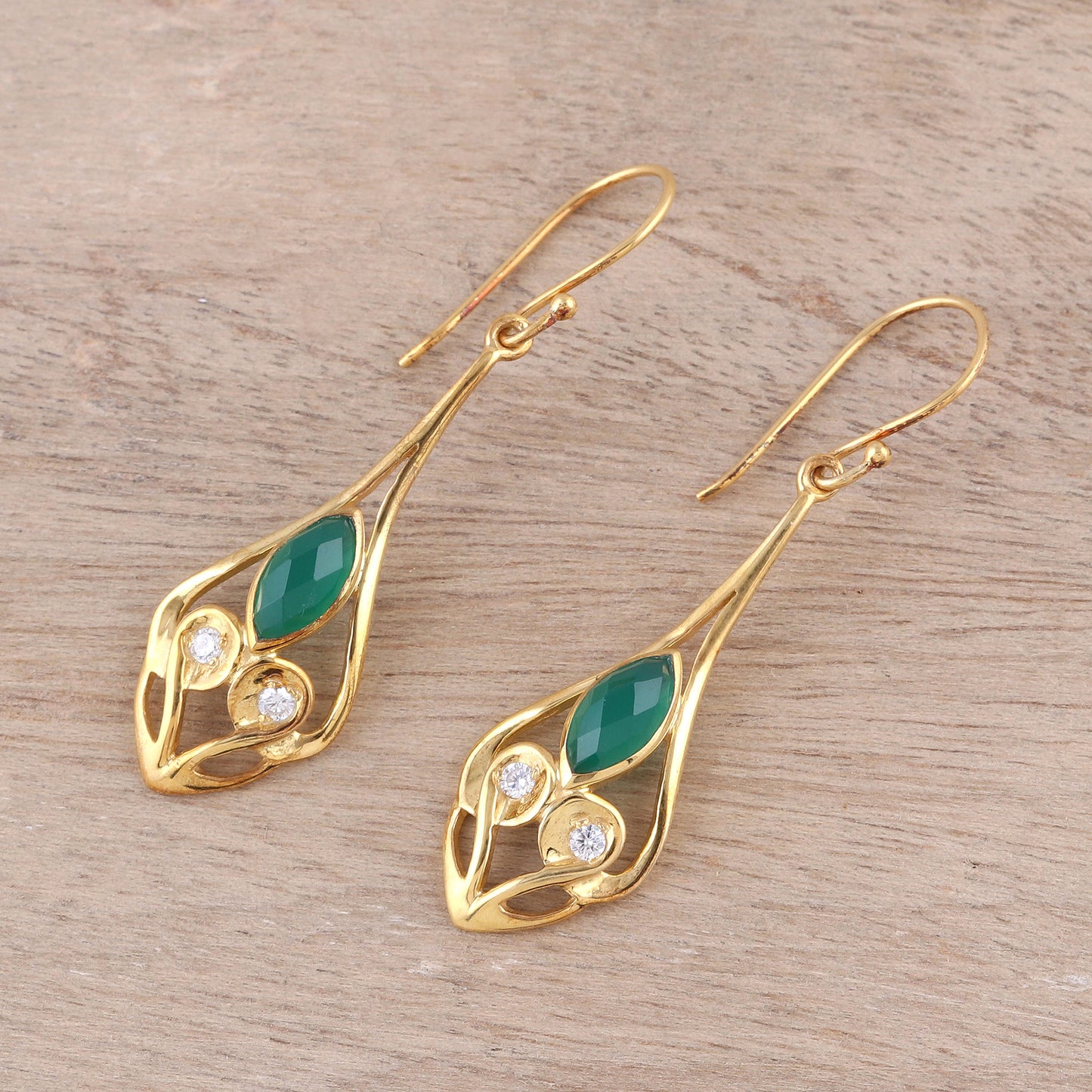 Bejeweled Rain Drops Gold Plated Green Onyx and Cubic Zirconia Dangle Earrings