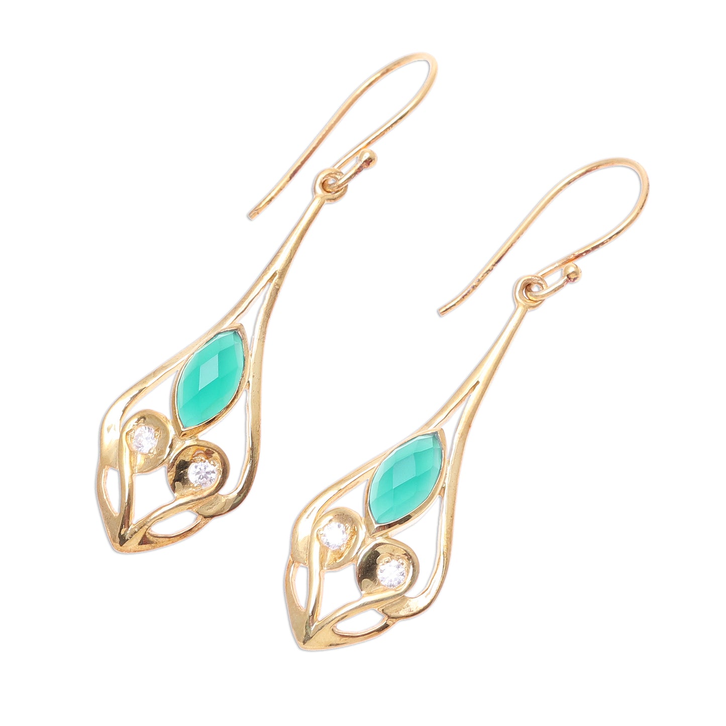 Bejeweled Rain Drops Gold Plated Green Onyx and Cubic Zirconia Dangle Earrings