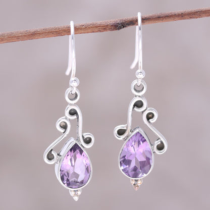 Windy Drops Swirl Motif Amethyst Dangle Earrings from India