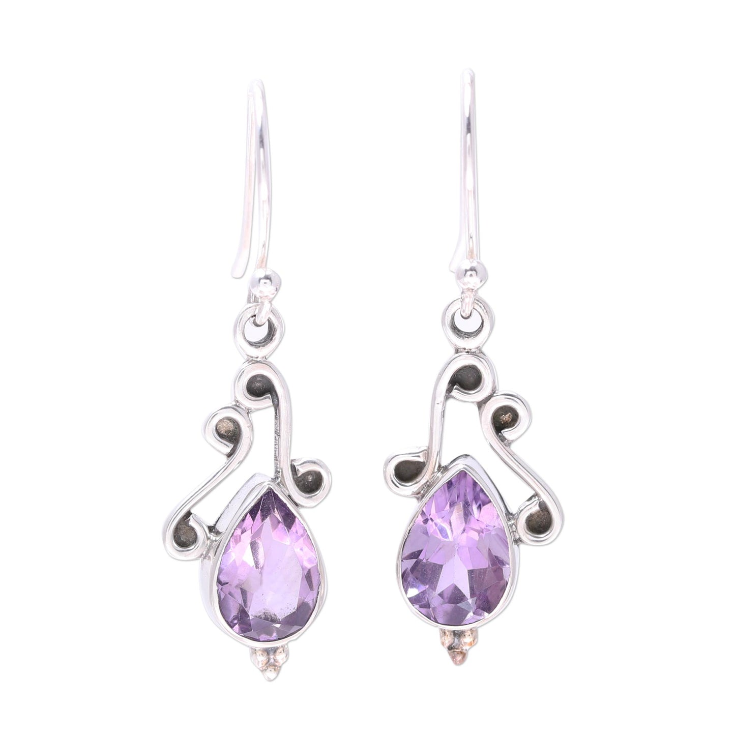 Windy Drops Swirl Motif Amethyst Dangle Earrings from India