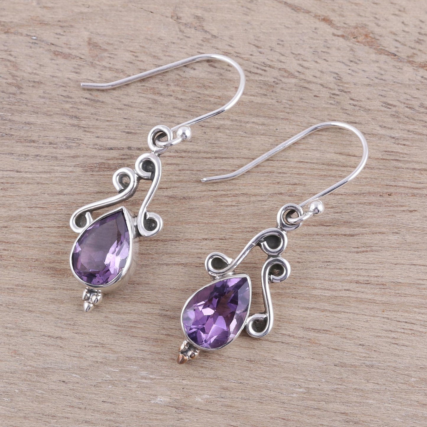 Windy Drops Swirl Motif Amethyst Dangle Earrings from India