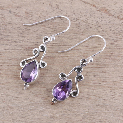 Windy Drops Swirl Motif Amethyst Dangle Earrings from India