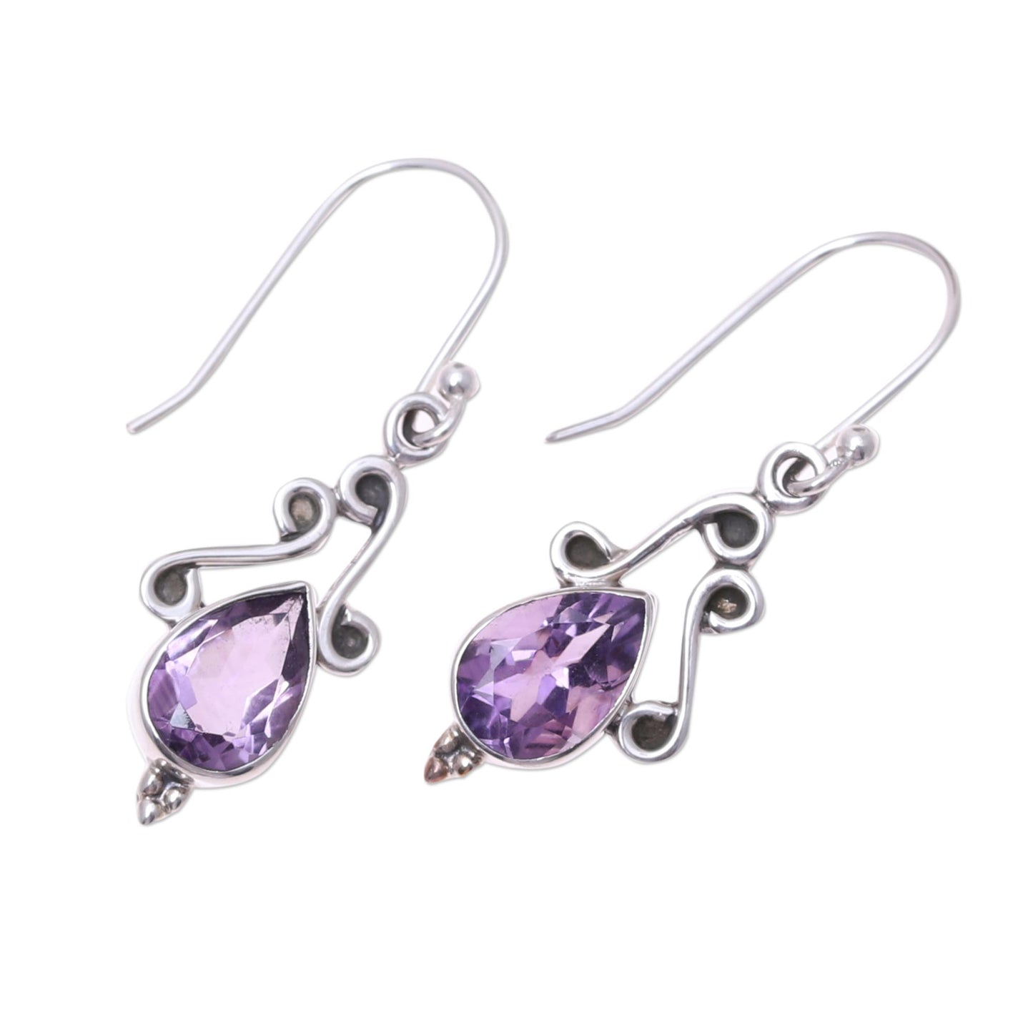 Windy Drops Swirl Motif Amethyst Dangle Earrings from India