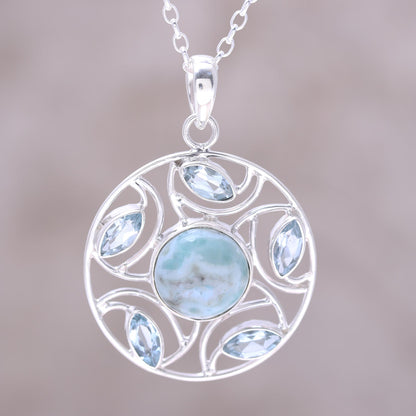 Blue Wheel Sterling Silver Larimar Blue Topaz Round Pendant Necklace