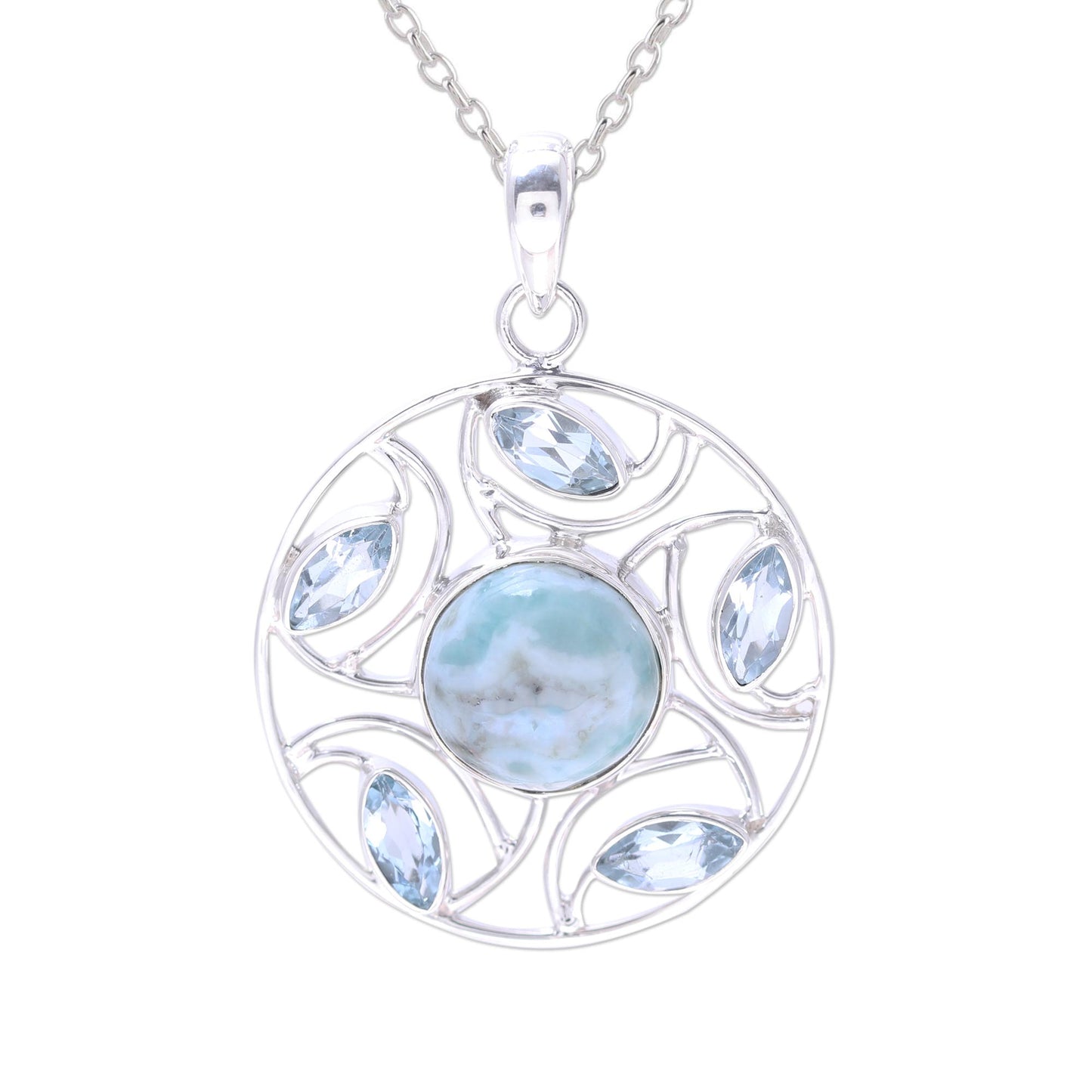 Blue Wheel Sterling Silver Larimar Blue Topaz Round Pendant Necklace