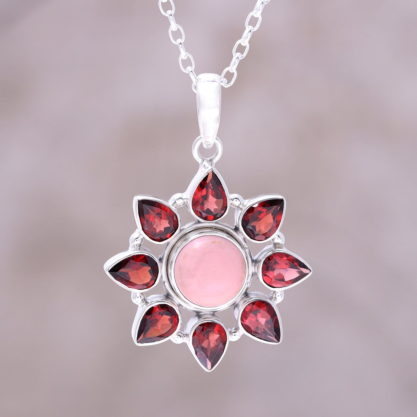 Glowing Flower Pink Opal and Garnet Sterling Silver Flower Necklace