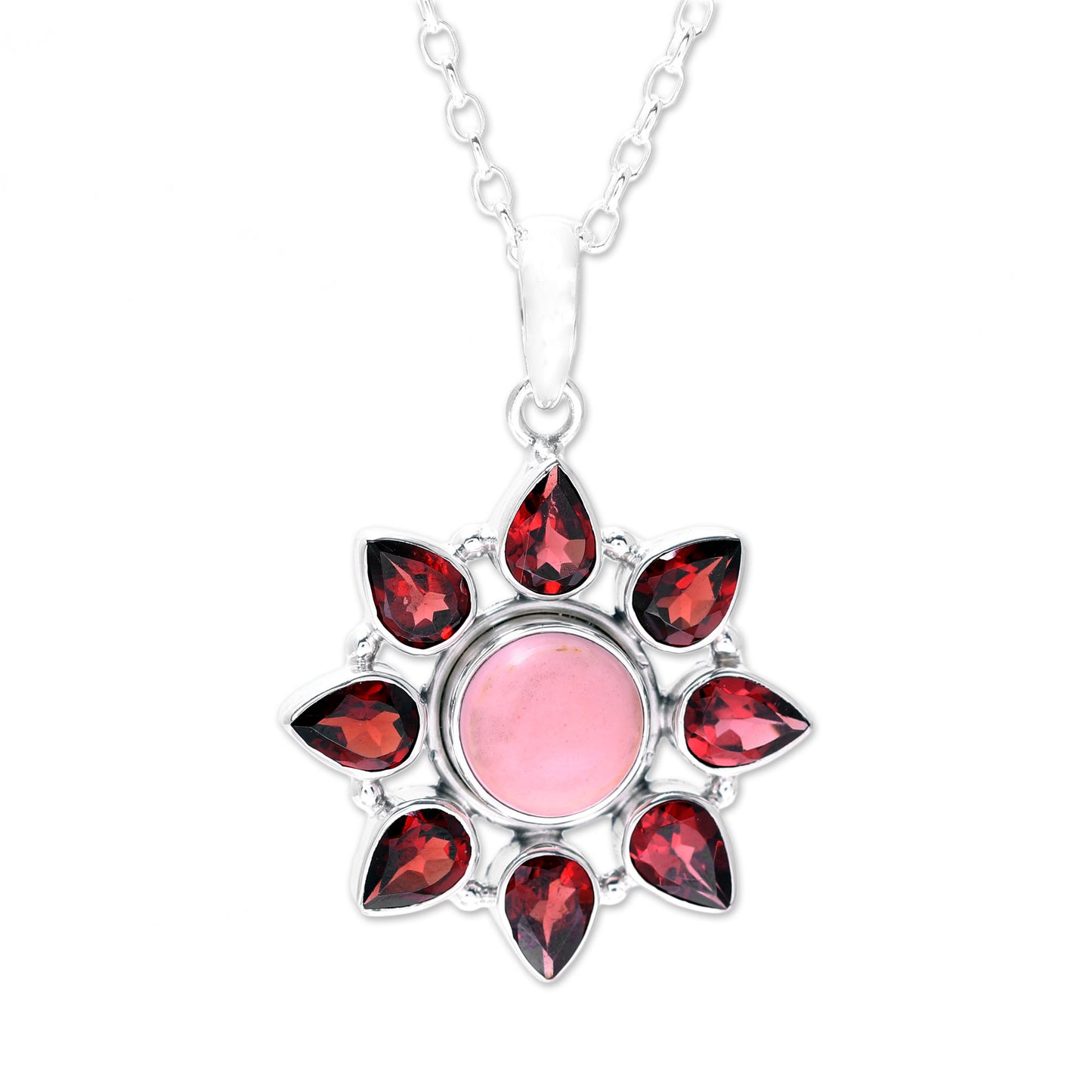 Glowing Flower Pink Opal and Garnet Sterling Silver Flower Necklace