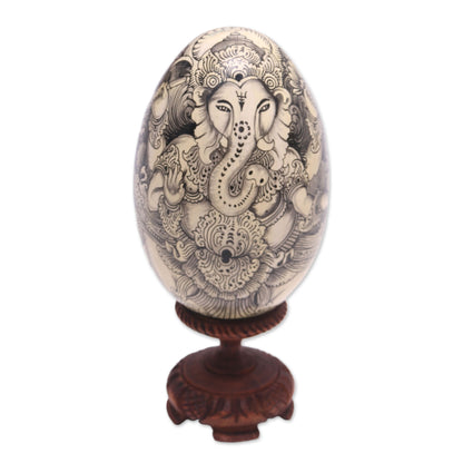 Deities Black on Cream Buddha and Ganesha Wood Egg Statuette