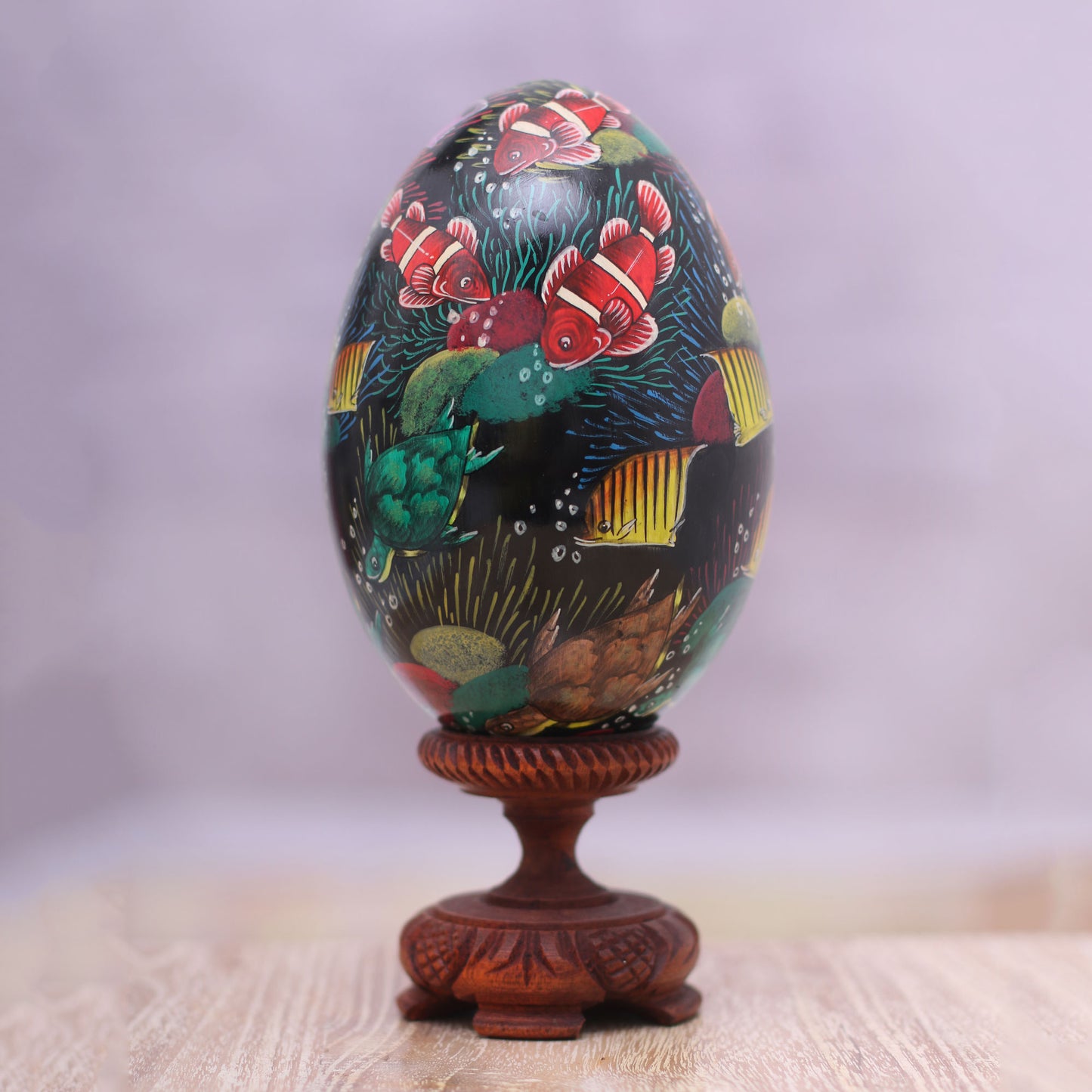 In the Reef Hand-Painted Colorful Fish on Black Wood Egg Statuette