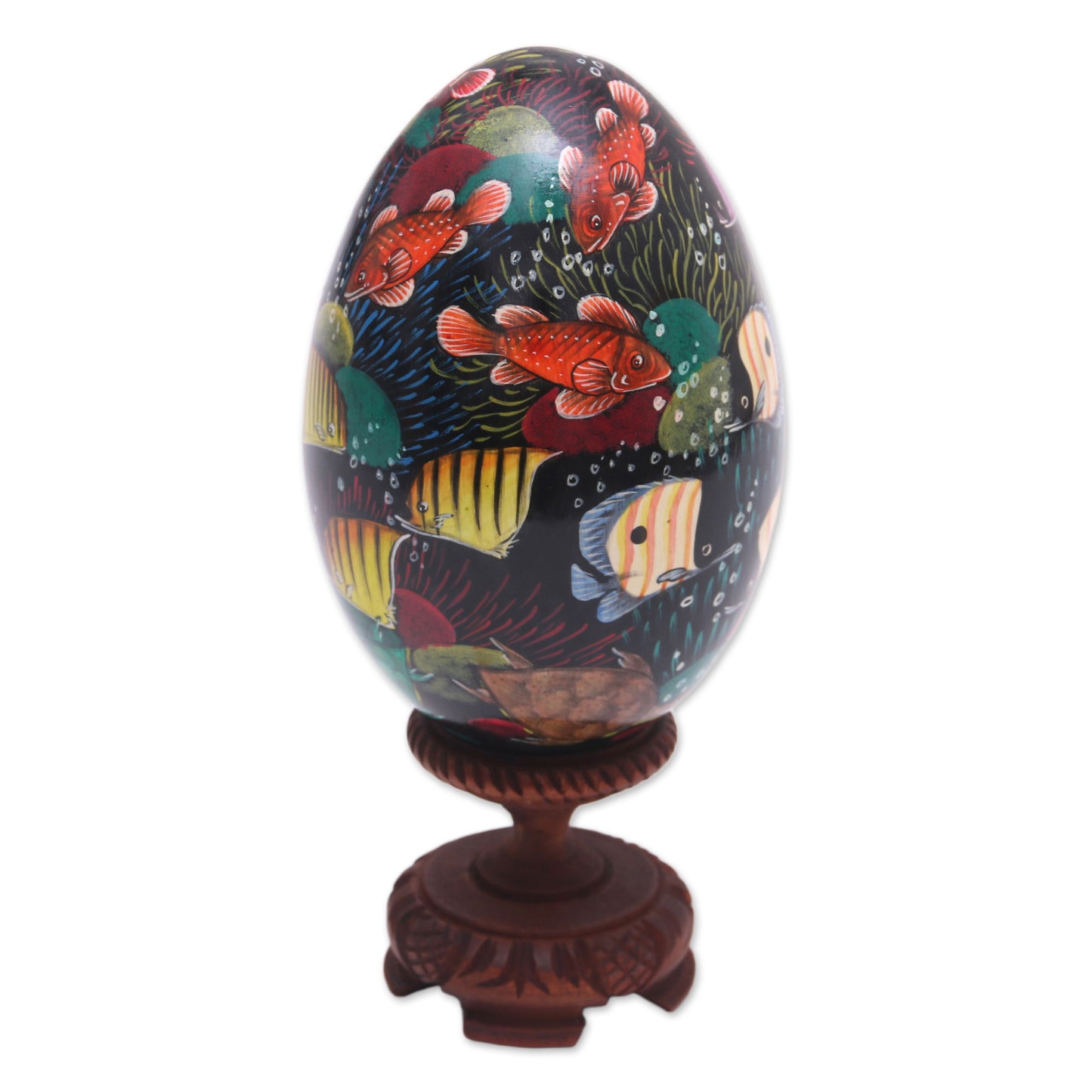 In the Reef Hand-Painted Colorful Fish on Black Wood Egg Statuette