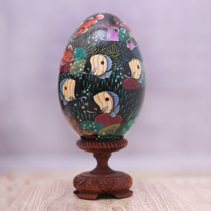 In the Reef Hand-Painted Colorful Fish on Black Wood Egg Statuette