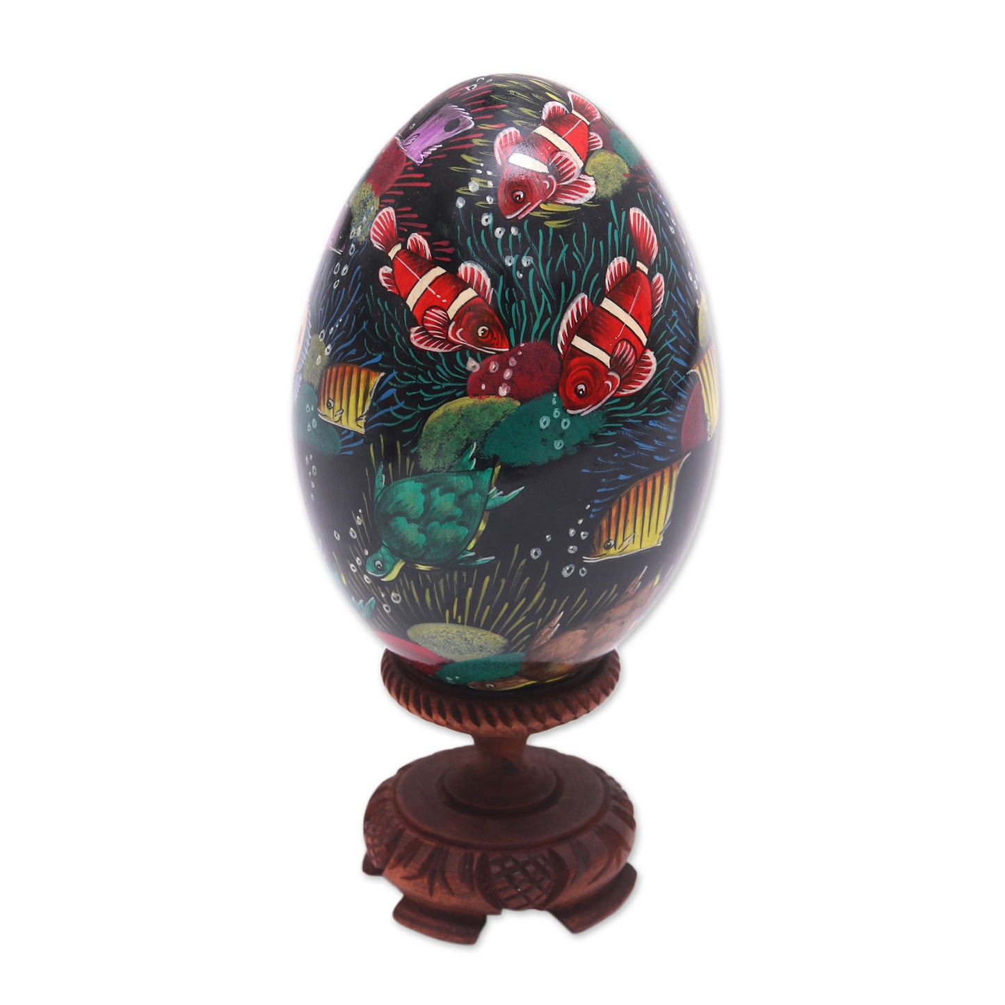 In the Reef Hand-Painted Colorful Fish on Black Wood Egg Statuette