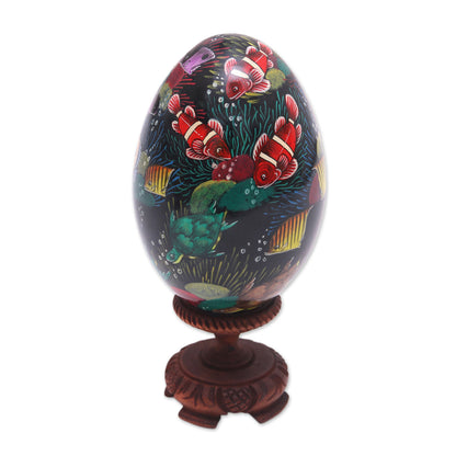 In the Reef Hand-Painted Colorful Fish on Black Wood Egg Statuette