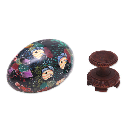 In the Reef Hand-Painted Colorful Fish on Black Wood Egg Statuette