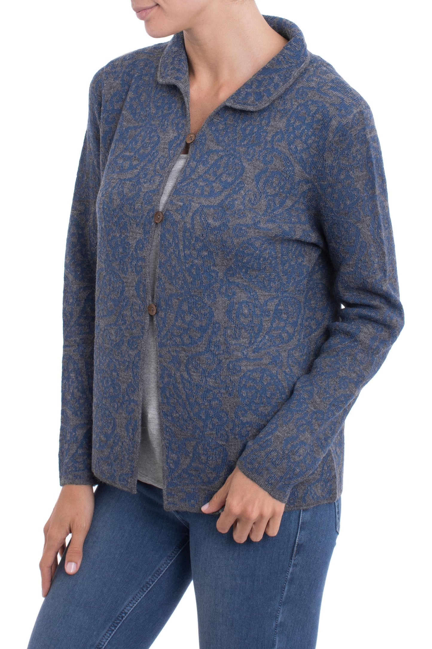 Paisley Elegance in Azure Alpaca Blend Cardigan with Azure Paisley Motifs from Peru