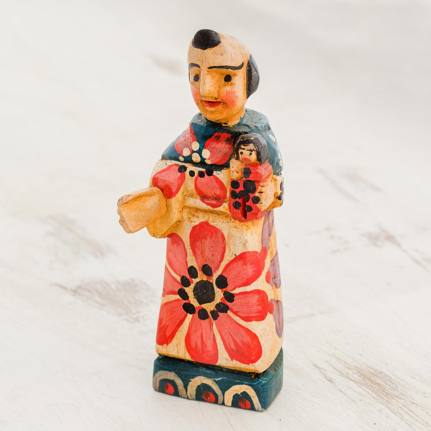 Saint and Child Hand Painted Pinewood Saint Anthony Figurine from Guatemala