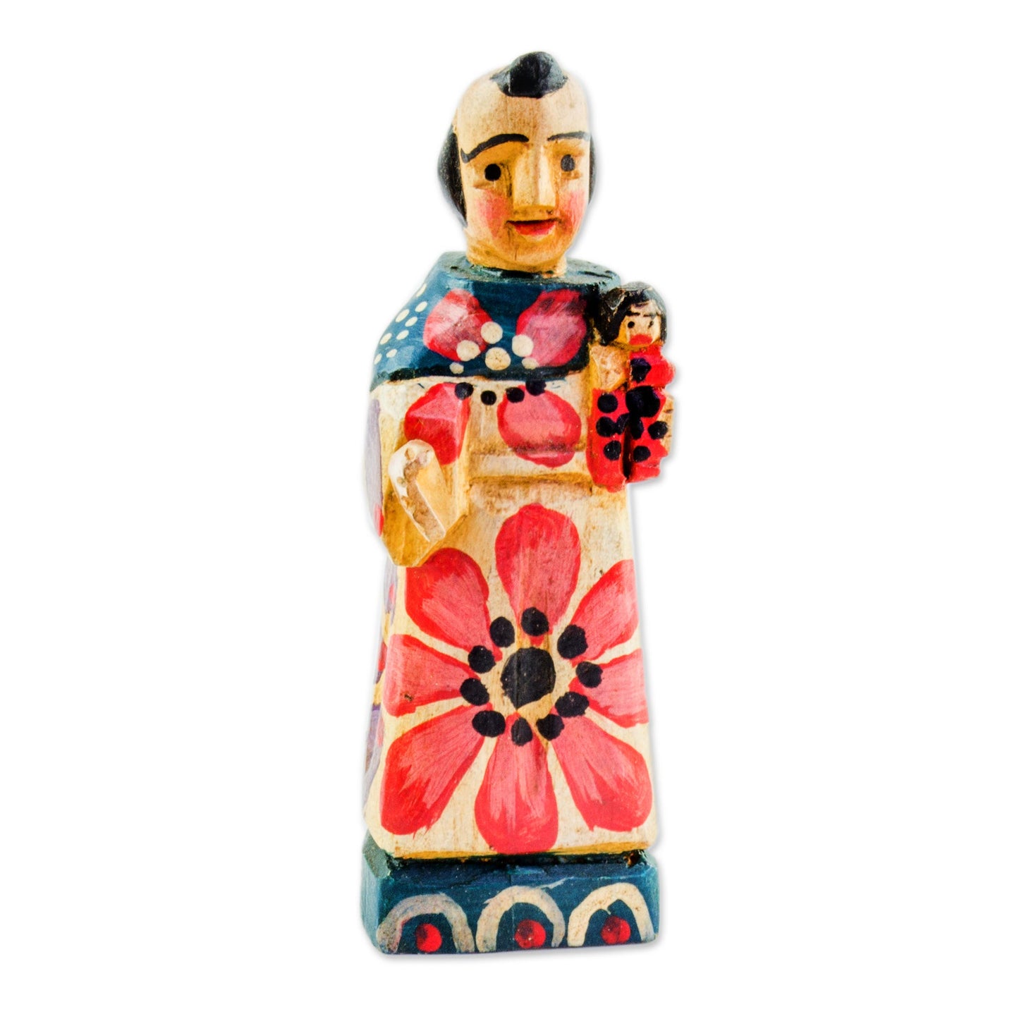 Saint and Child Hand Painted Pinewood Saint Anthony Figurine from Guatemala