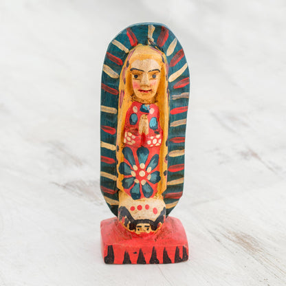 Miracle of Guadalupe Hand Painted Pinewood Virgin Figurine from Guatemala