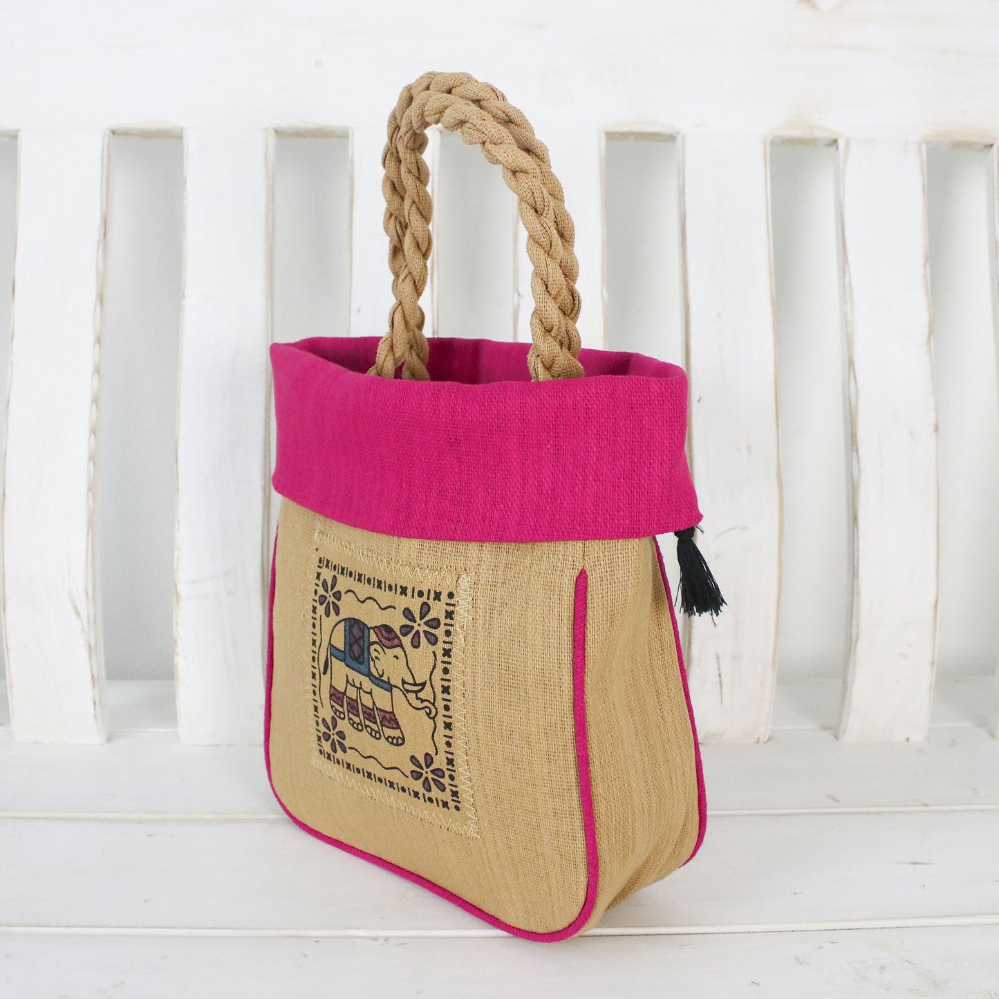 Graceful Elephant Fuchsia Cotton Handbag