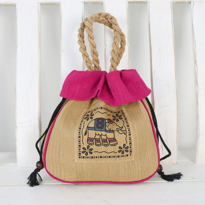 Graceful Elephant Fuchsia Cotton Handbag