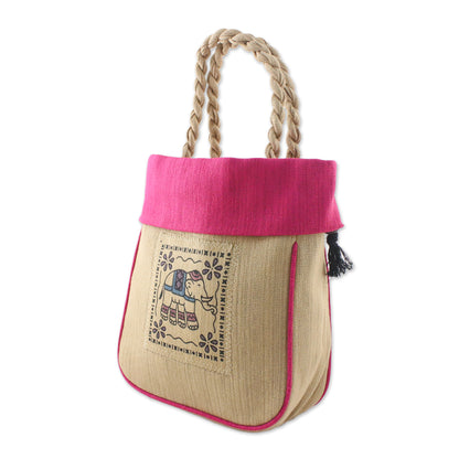 Graceful Elephant Fuchsia Cotton Handbag