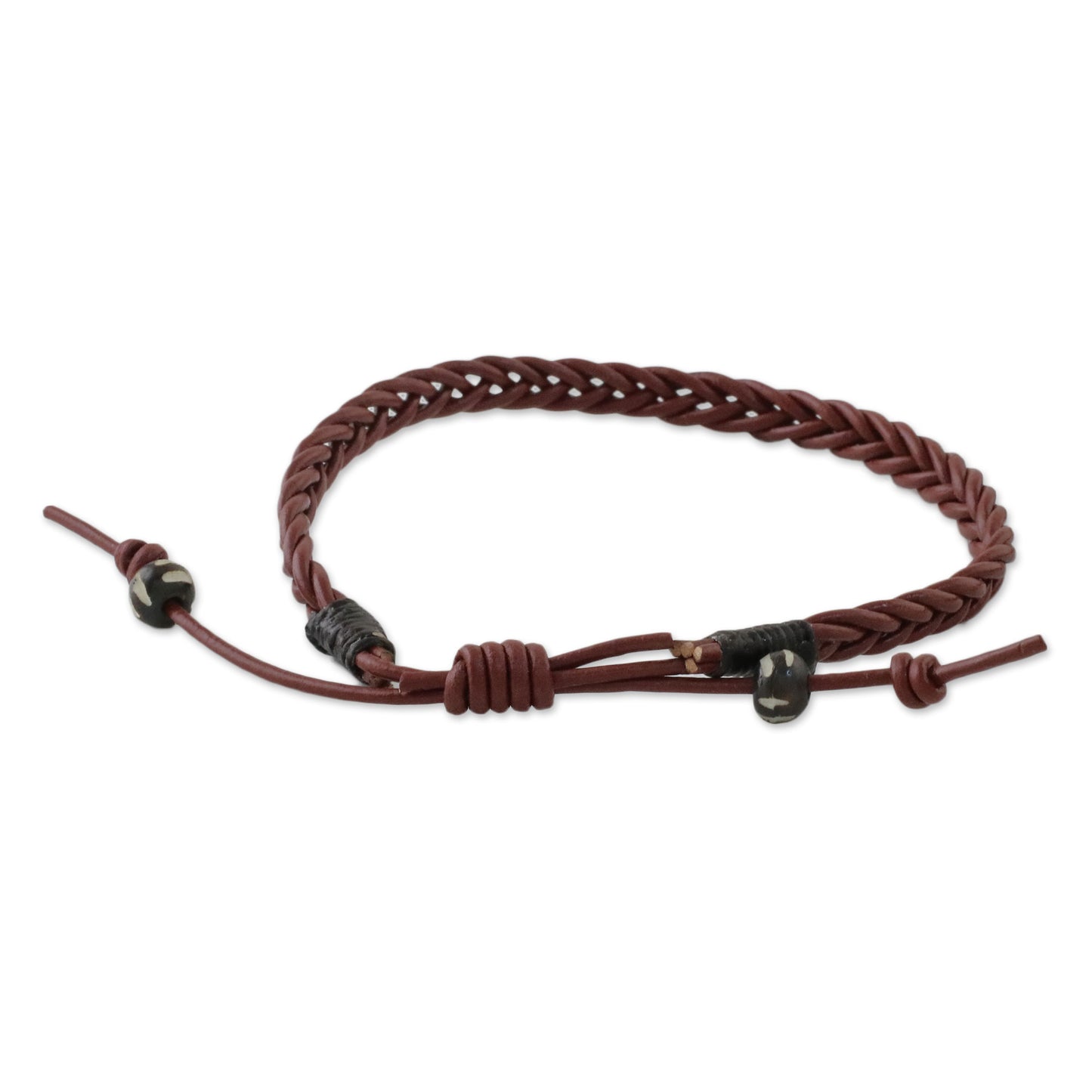 Rustic Simplicity Men's Cow Bone Bead Mahogany Braided Leather Wrap Bracelet