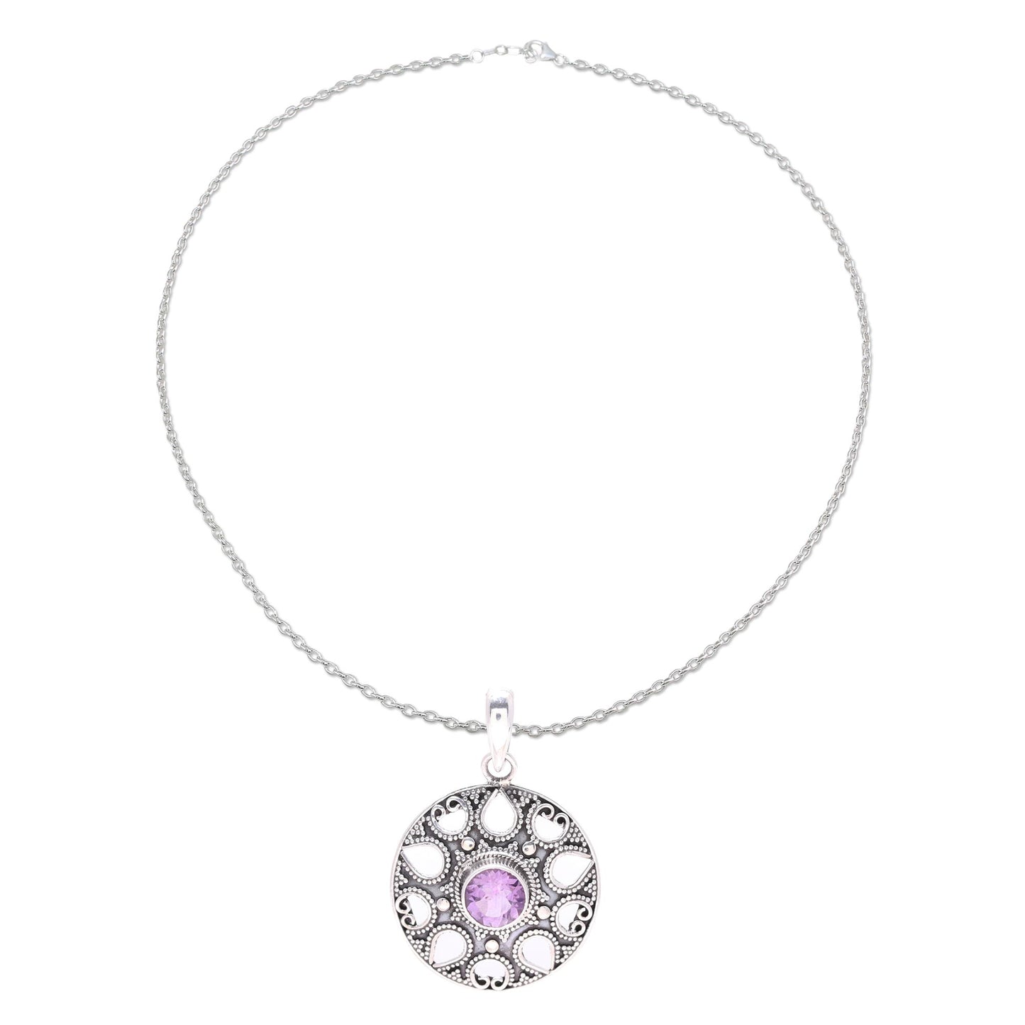 Lilac Fountain Amethyst and Sterling Silver Medallion Pendant Necklace