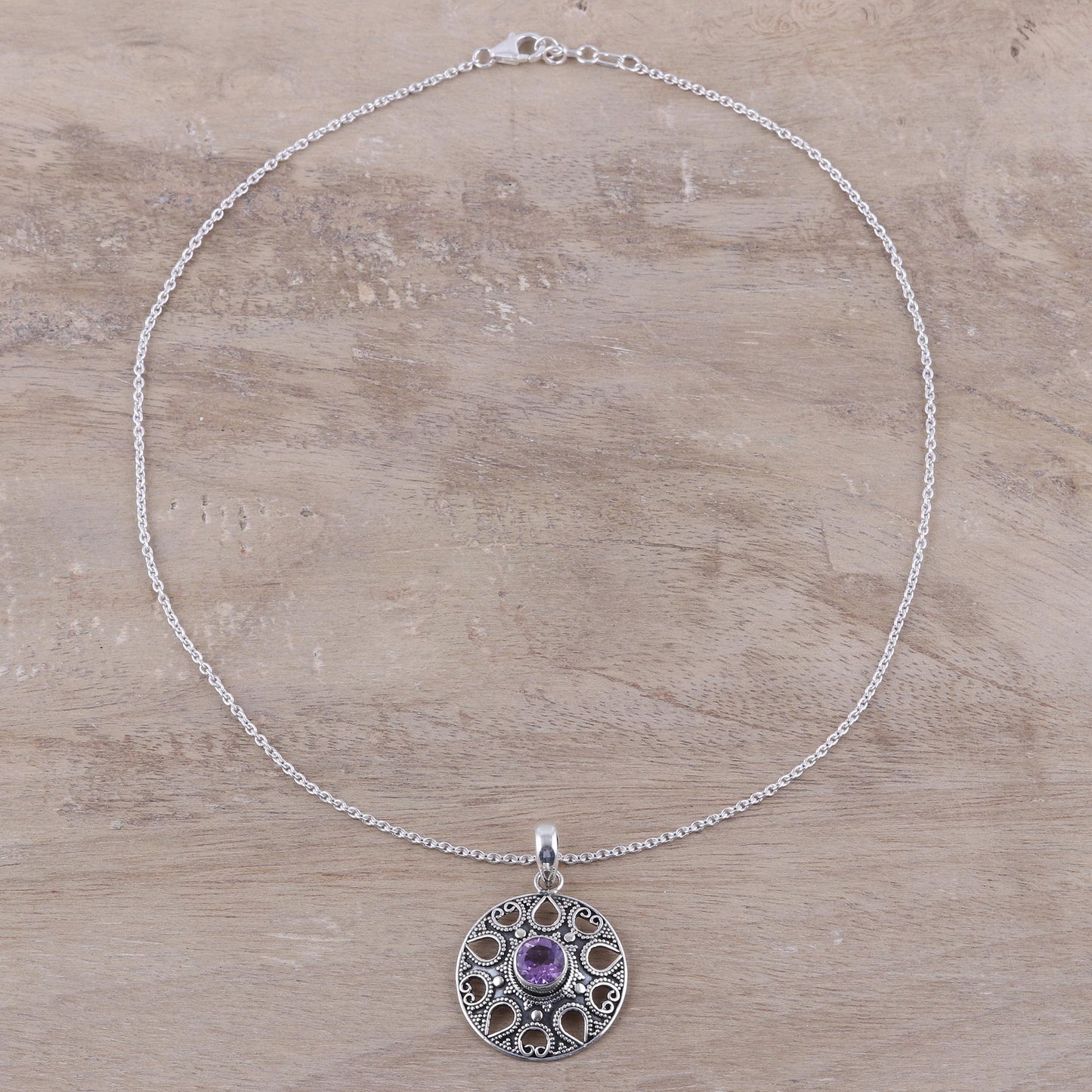 Lilac Fountain Amethyst and Sterling Silver Medallion Pendant Necklace