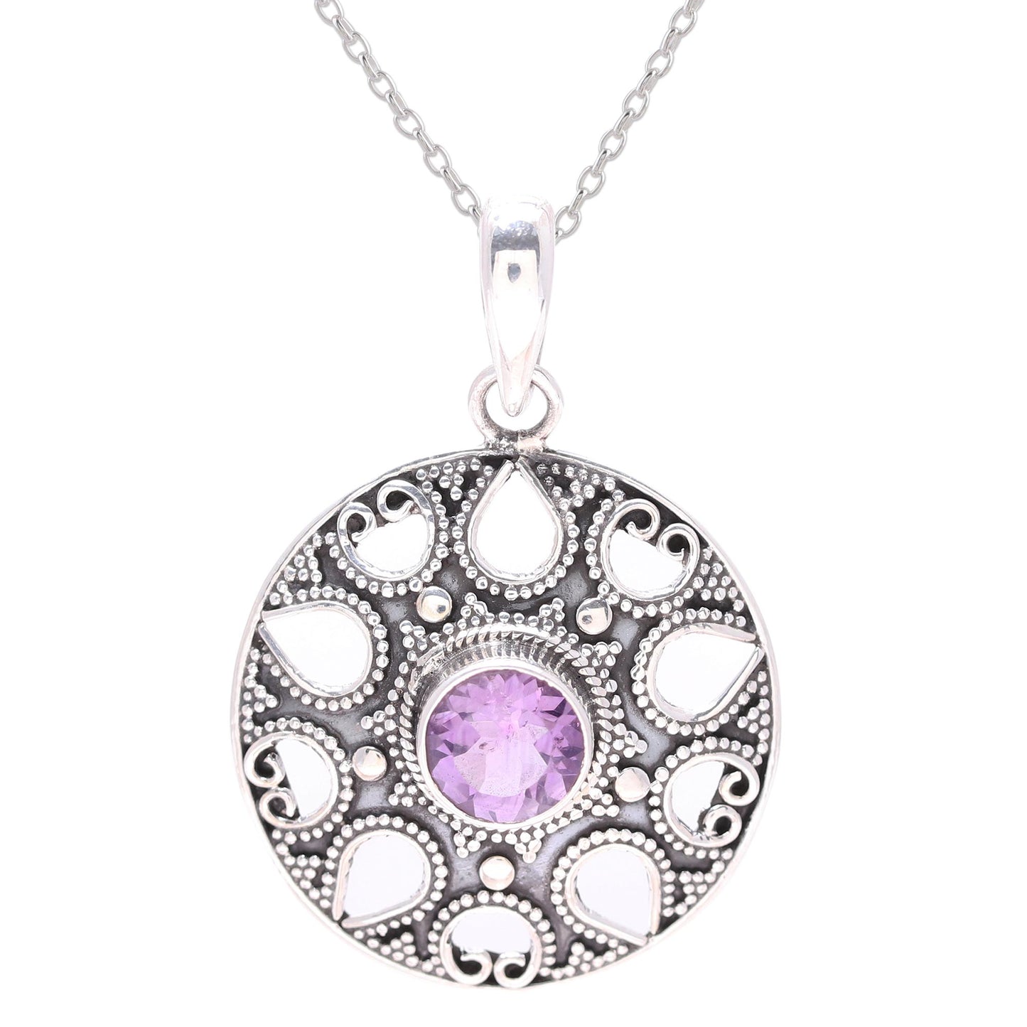 Lilac Fountain Amethyst and Sterling Silver Medallion Pendant Necklace