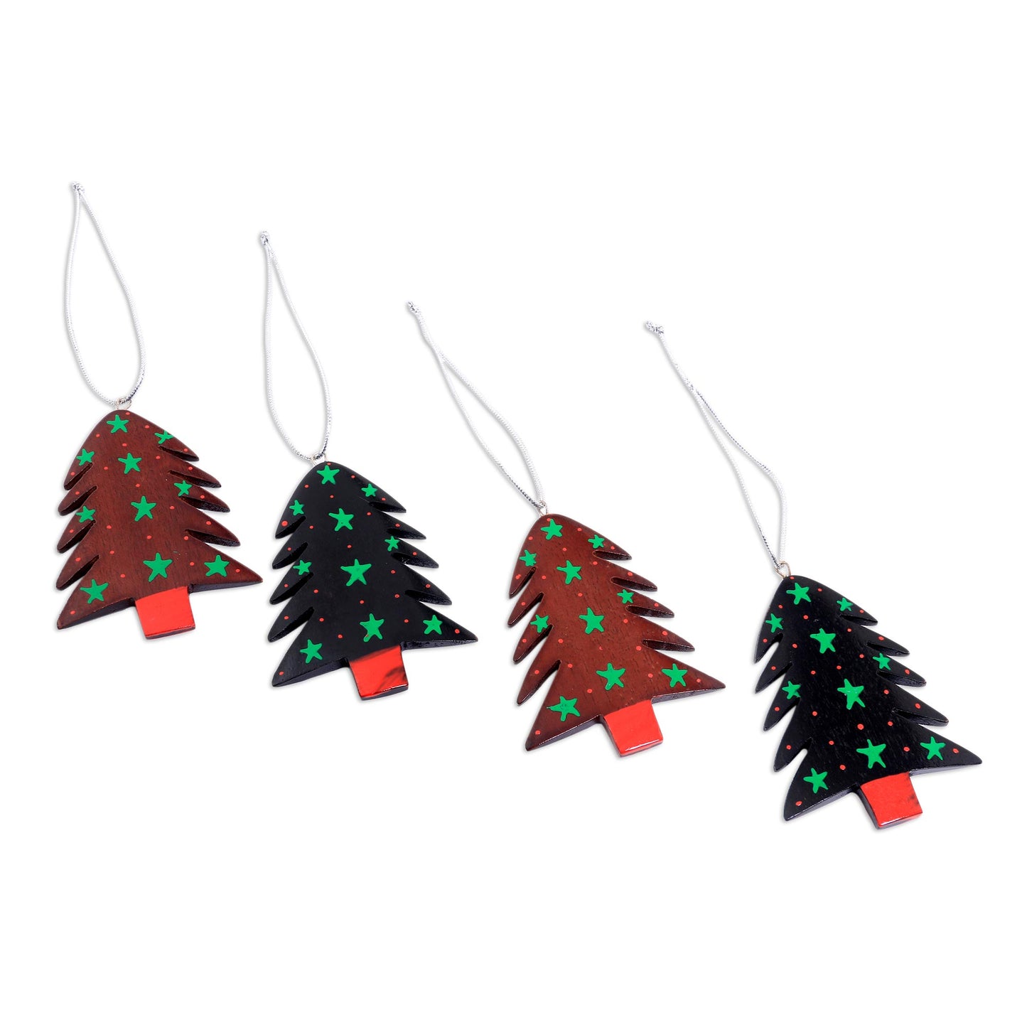 Starlit Tree Mahogany Wood Hand Painted Tree Ornaments (Set of 4)