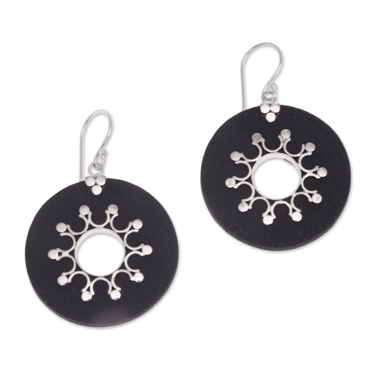 Dark Sun Sterling Silver Lava Stone Dark Sun Black Dangle Earrings