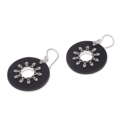 Dark Sun Sterling Silver Lava Stone Dark Sun Black Dangle Earrings